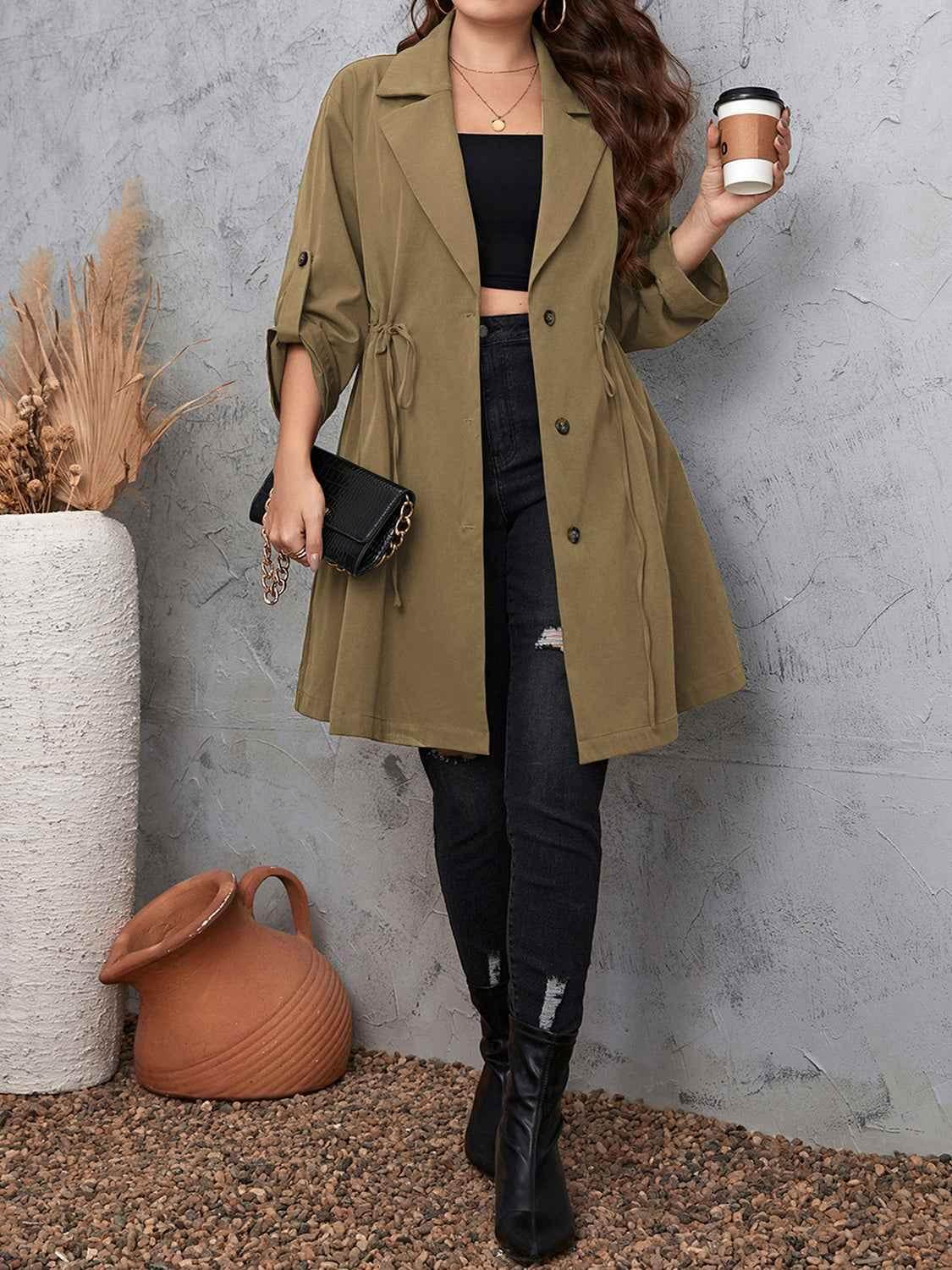 Honey Plus Size Lapel Collar Drawstring Roll-Tab Sleeve Trench Coat women Attire by Trendsi