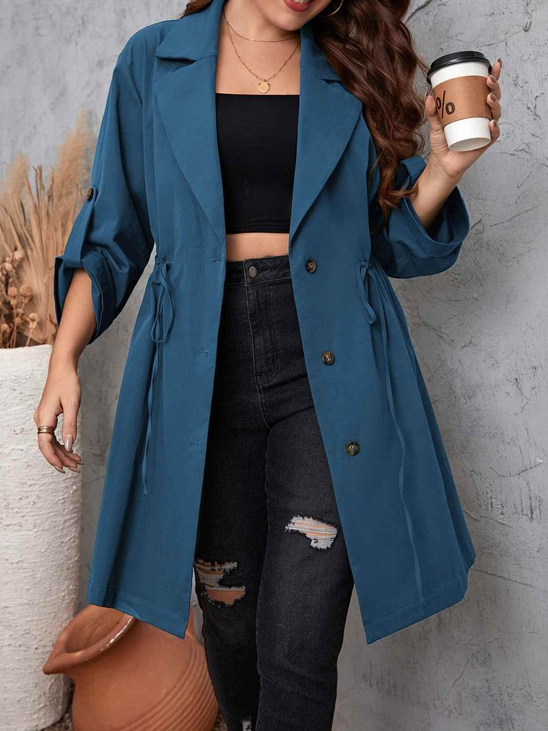 Honey Plus Size Lapel Collar Drawstring Roll-Tab Sleeve Trench Coat women Attire by Trendsi