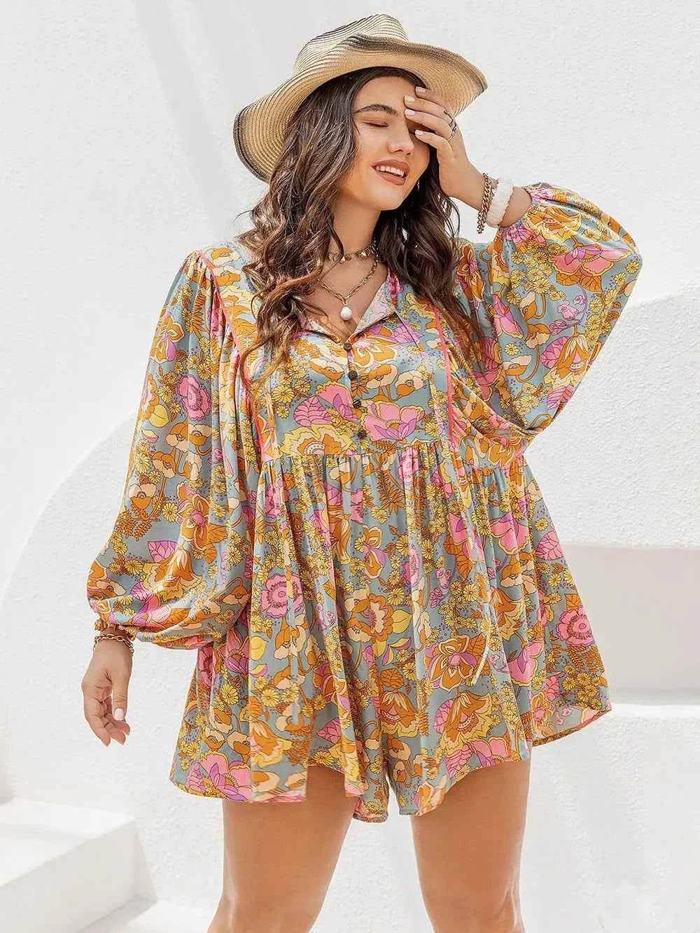 Plus Size Floral Tie Neck Balloon Sleeve Romper women Attire by Trendsi