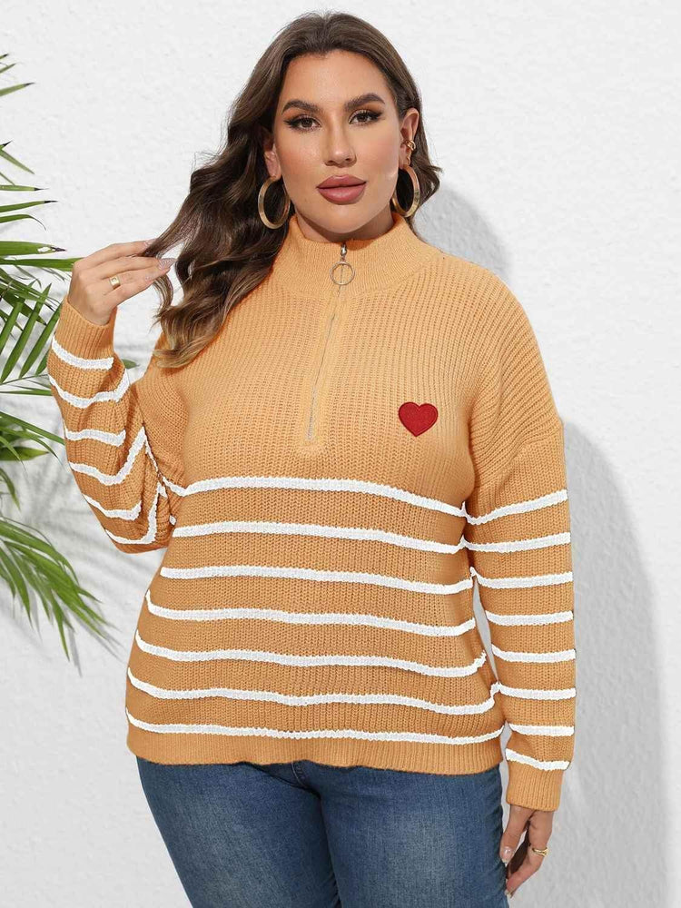 Plus Size Zip-Up Striped Sweater women Attire by Trendsi