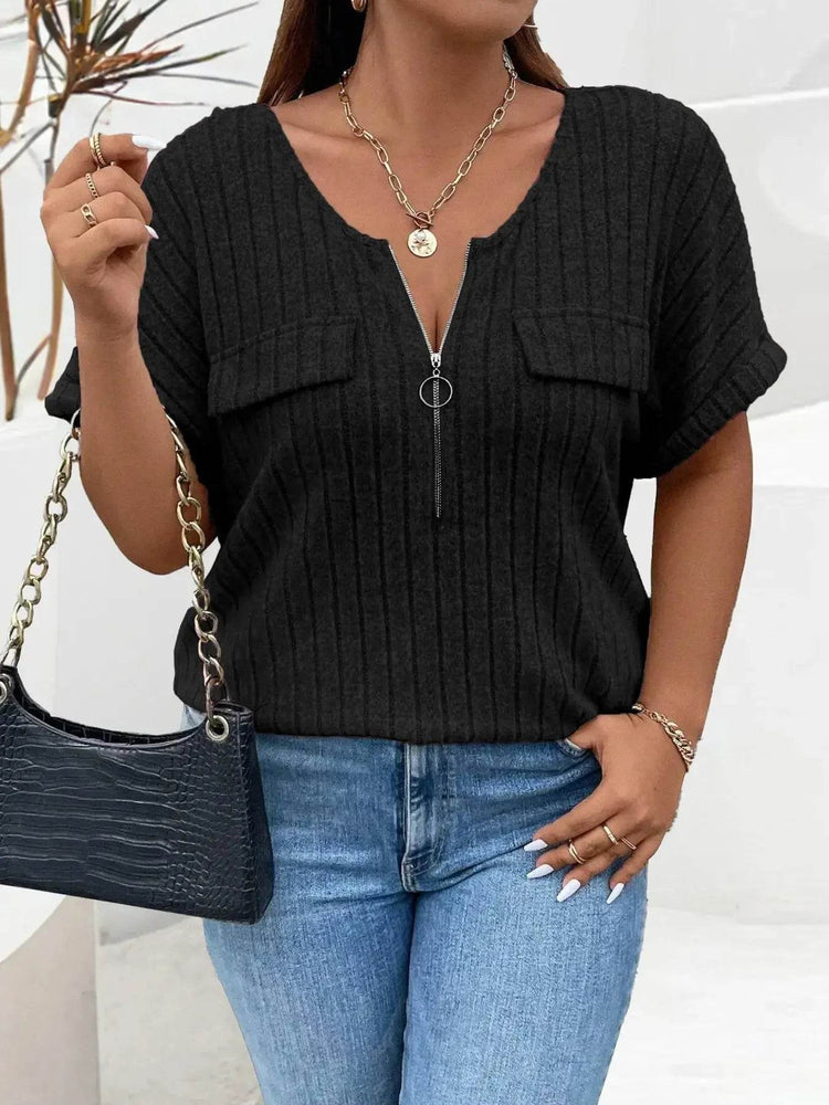 Plus Size Ribbed Half Zip Relaxed Fit T-Shirt women Attire by Trendsi