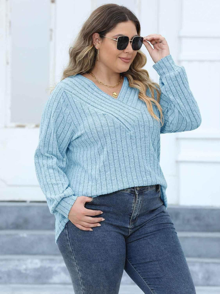 Plus Size Ribbed V-Neck Long Sleeve Top women Attire by Trendsi