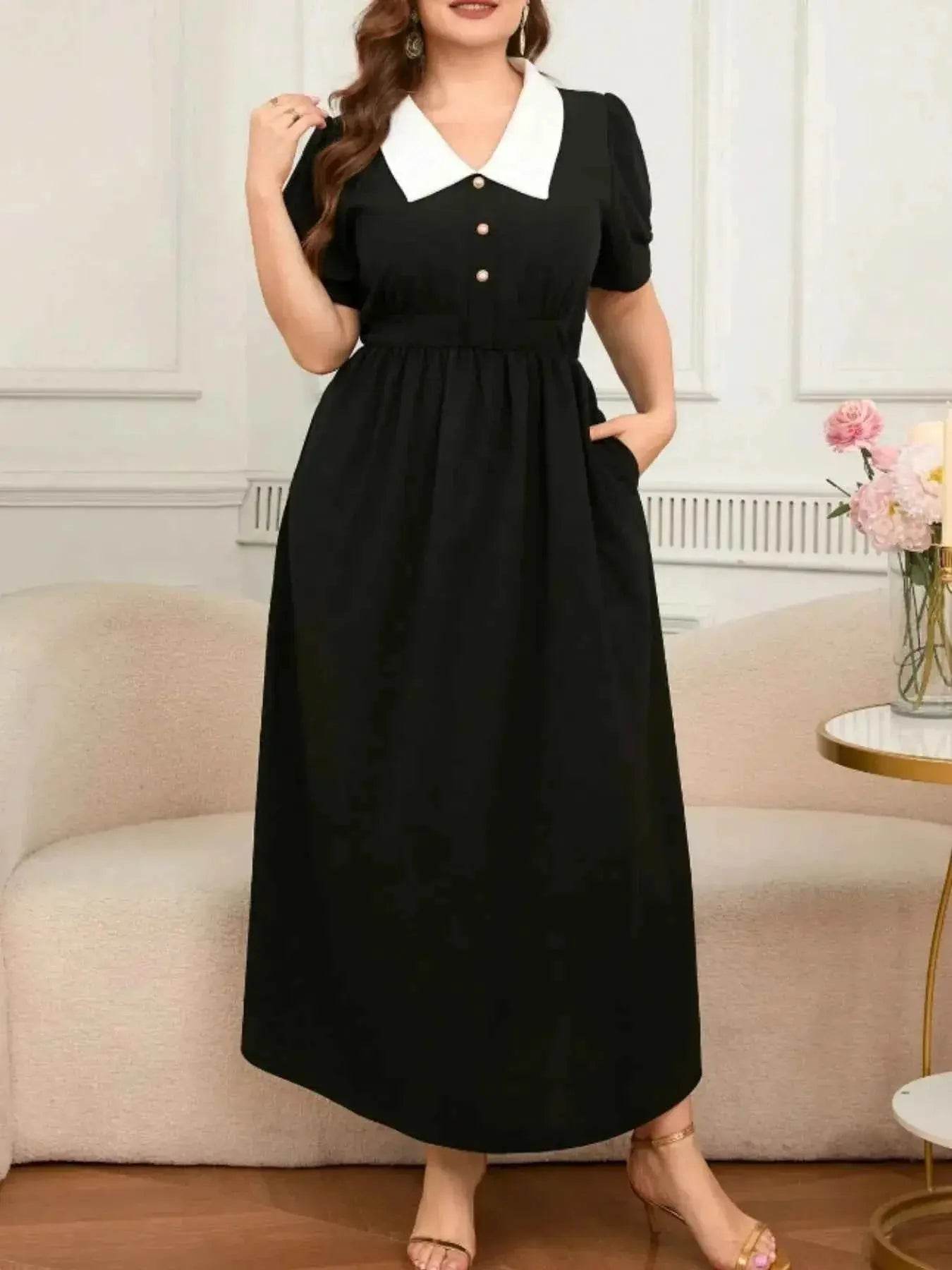 Plus Size Contrast Collar Short Sleeve Dress women Attire by Trendsi