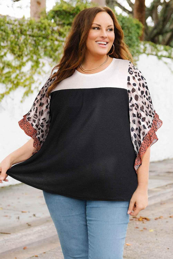 Plus Size Printed Color Block Ruffled Blouse women Attire by Trendsi
