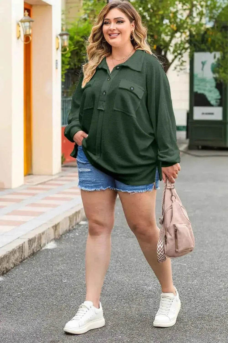 Plus Size Half Button Collared Neck Long Sleeve Blouse women Attire by Trendsi
