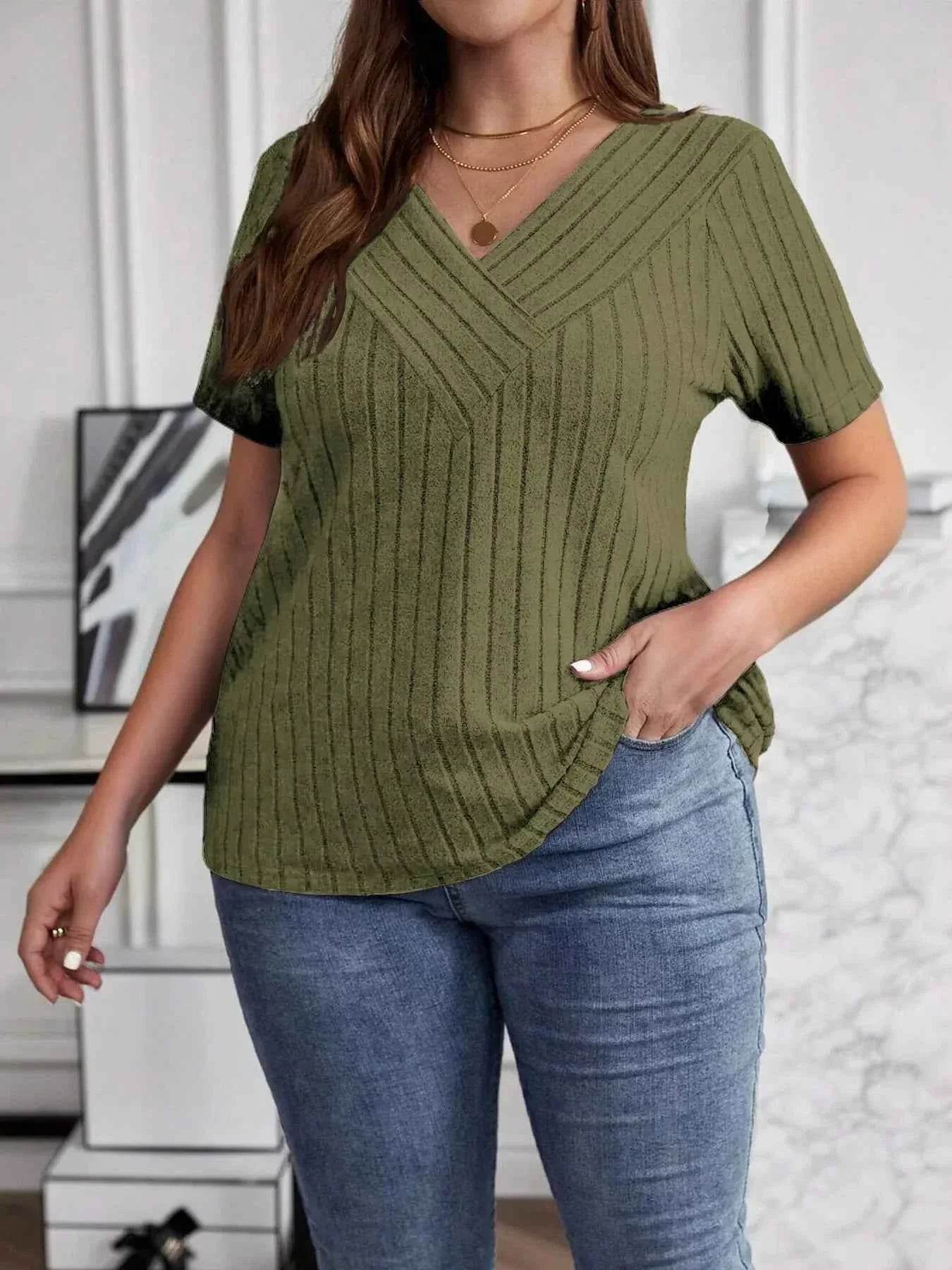 Plus Size V-Neck Short Sleeve Ribbed T-Shirt women Attire by Trendsi