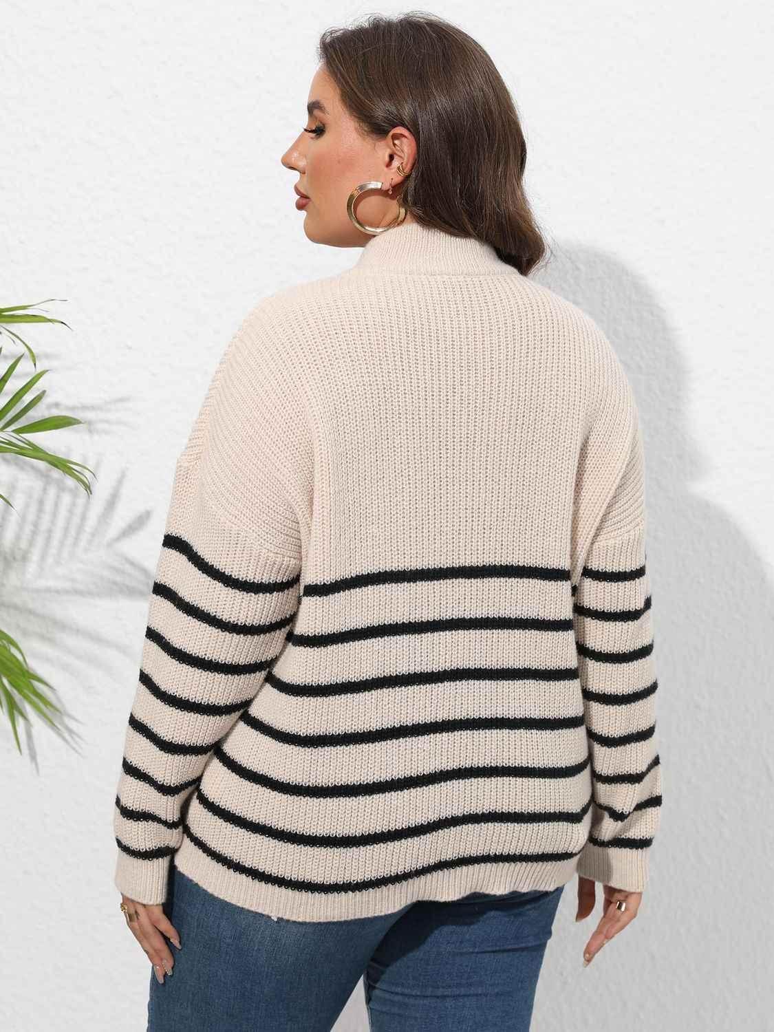 Plus Size Zip-Up Striped Sweater women Attire by Trendsi