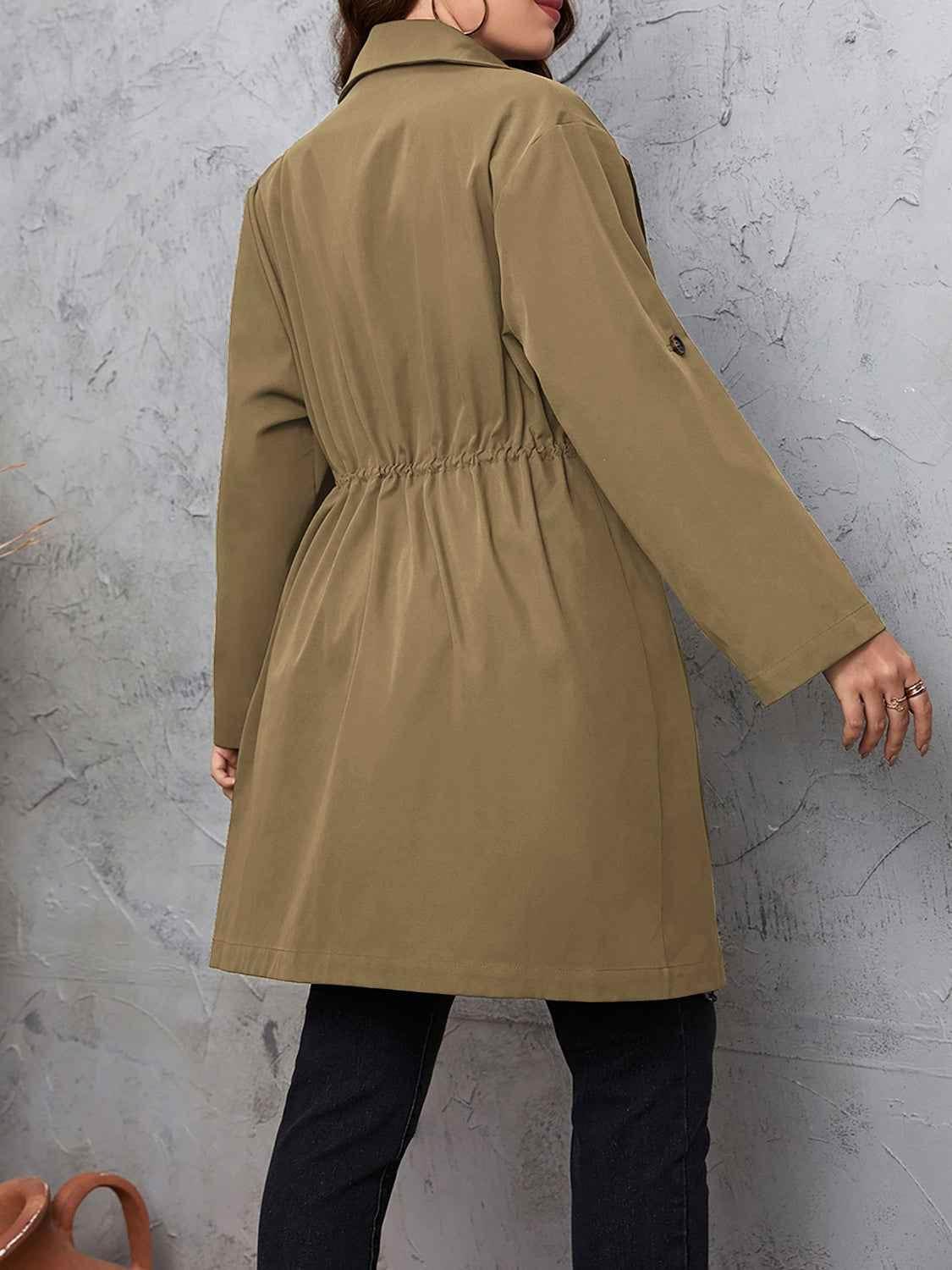 Honey Plus Size Lapel Collar Drawstring Roll-Tab Sleeve Trench Coat women Attire by Trendsi