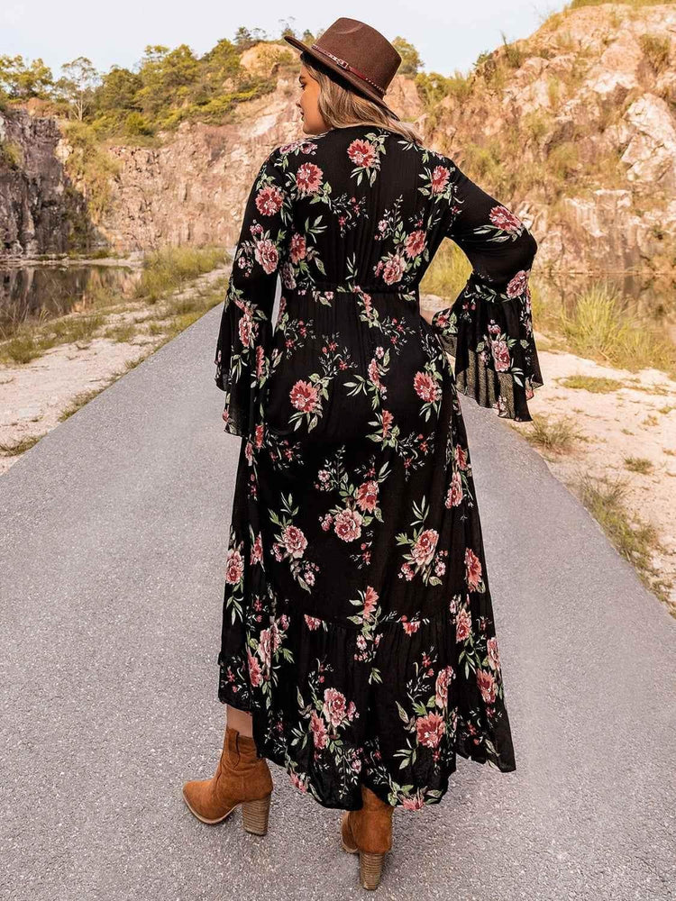 Plus Size Floral Flare Sleeve Dress women Attire by Trendsi