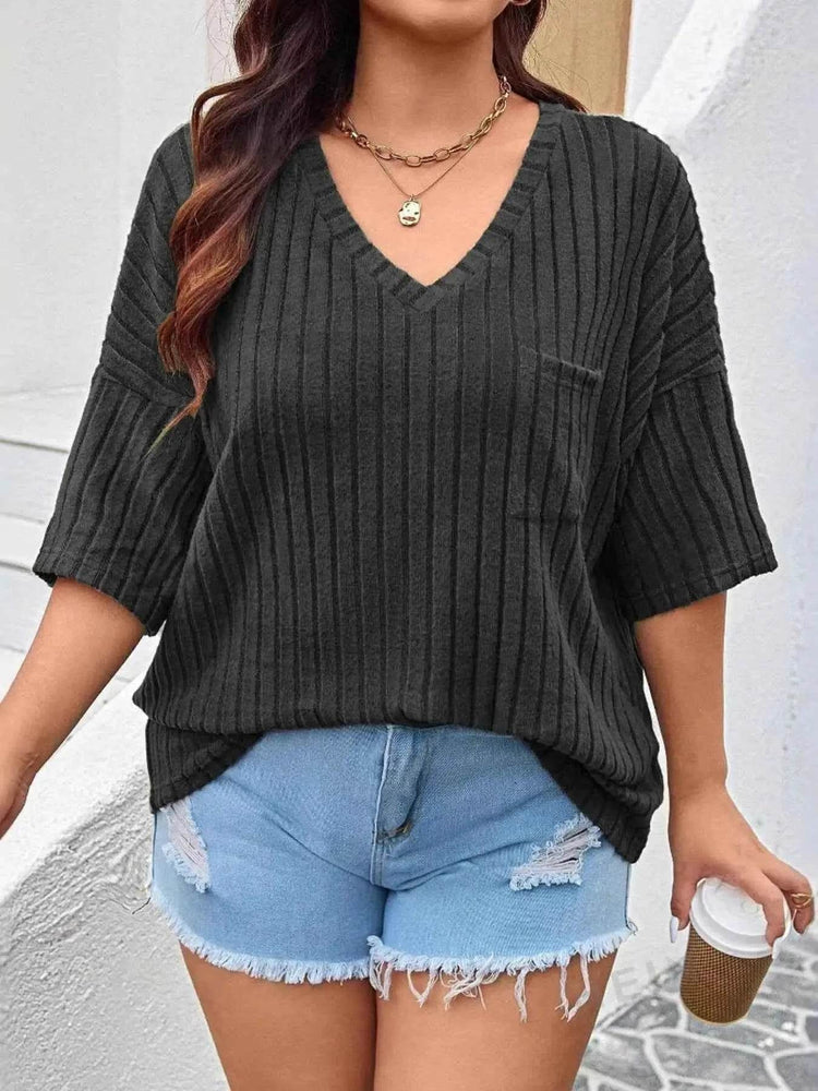 Plus Size V-Neck Ribbed Knit T-Shirt women Attire by Trendsi