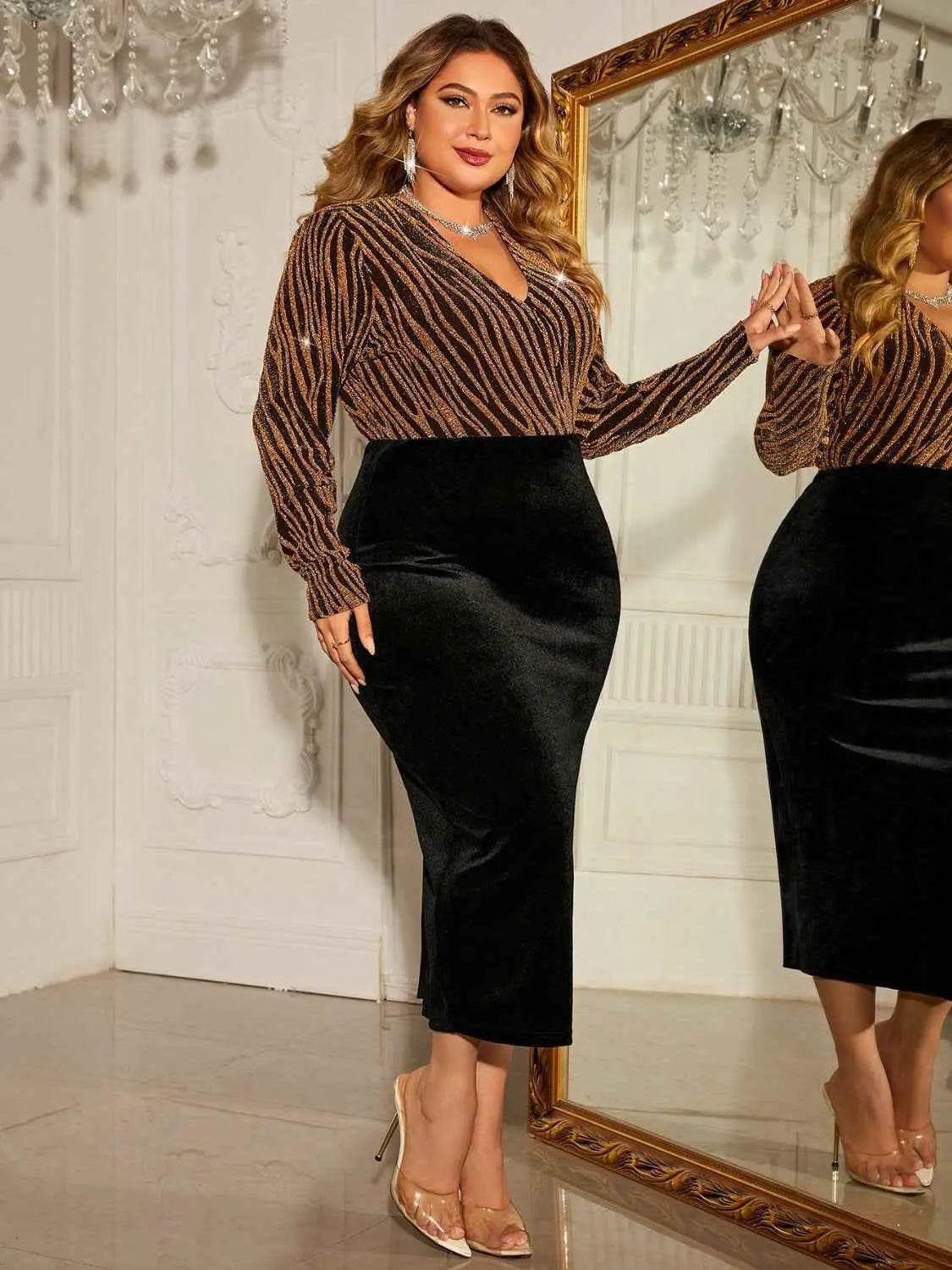 Honey Plus Size Surplice Neck Long Sleeve Slit Dress women Attire by Trendsi