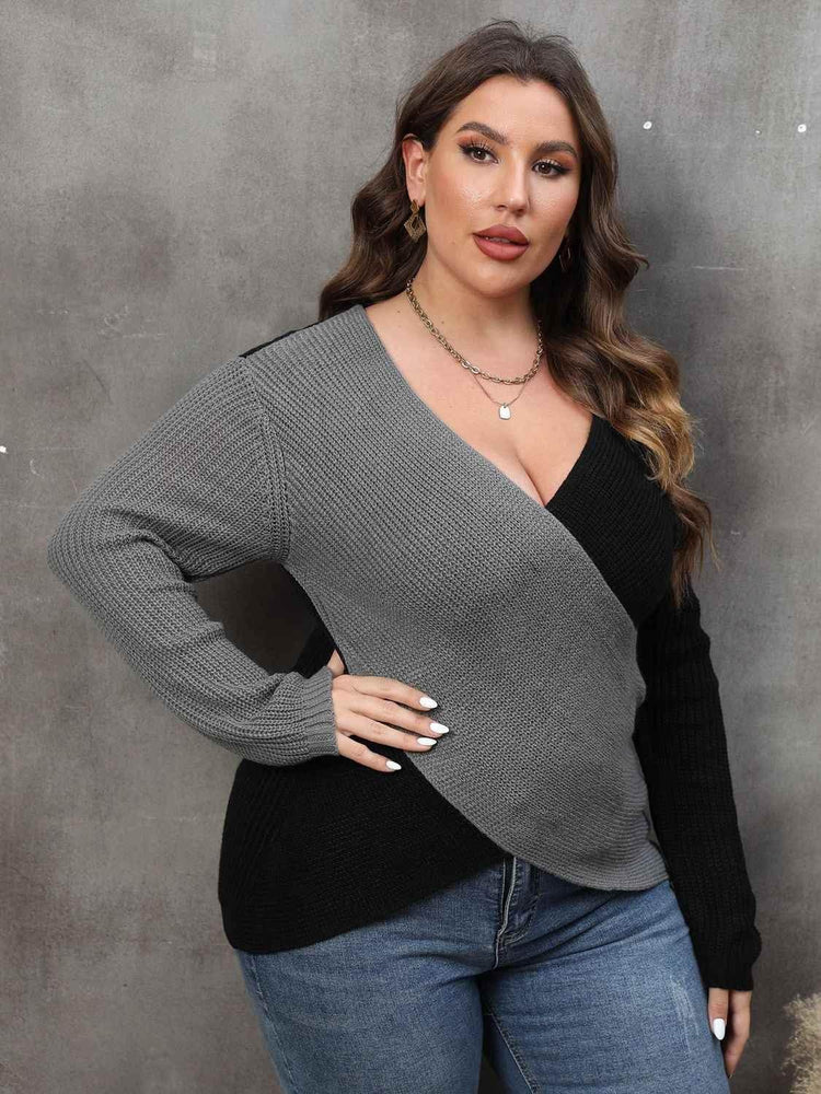 Plus Size Two-Tone Surplice Neck Sweater women Attire by Trendsi