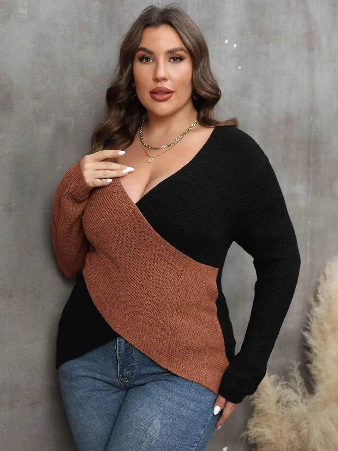 Plus Size Two-Tone Surplice Neck Sweater women Attire by Trendsi