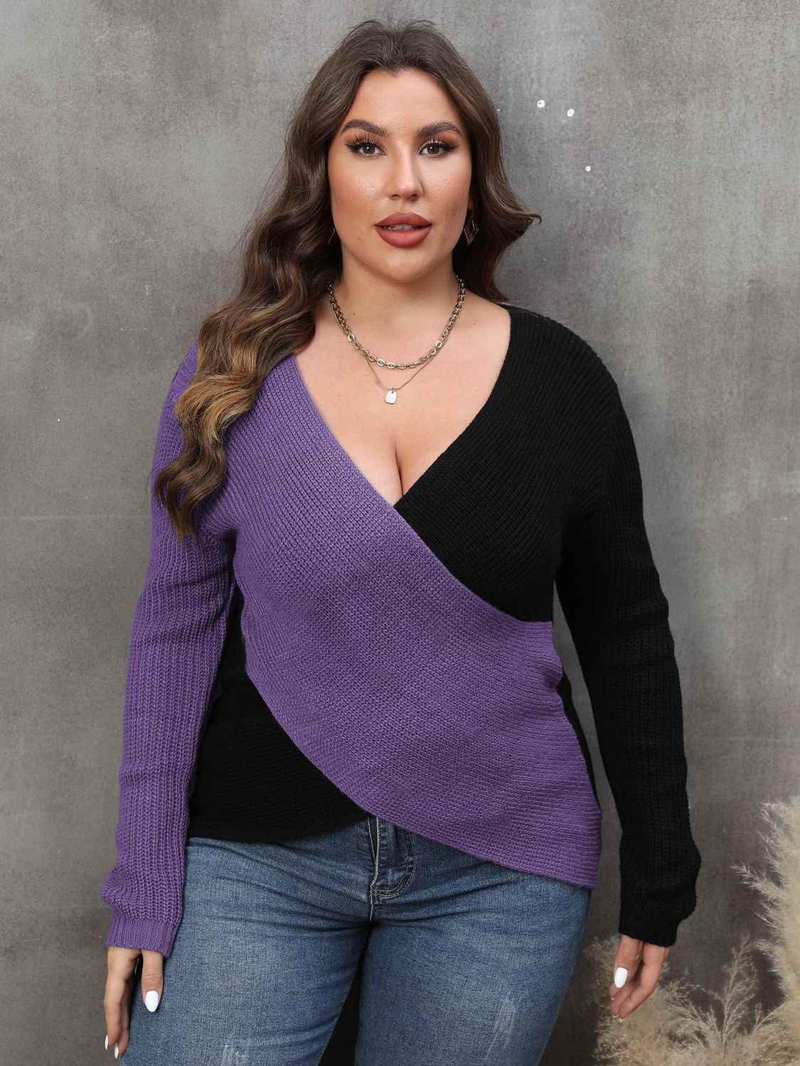 Plus Size Two-Tone Surplice Neck Sweater women Attire by Trendsi