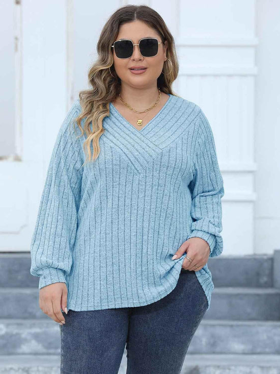 Plus Size Ribbed V-Neck Long Sleeve Top women Attire by Trendsi