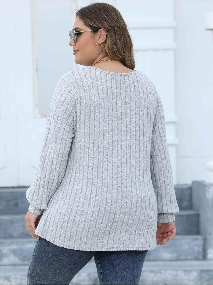 Plus Size Ribbed V-Neck Long Sleeve Top women Attire by Trendsi