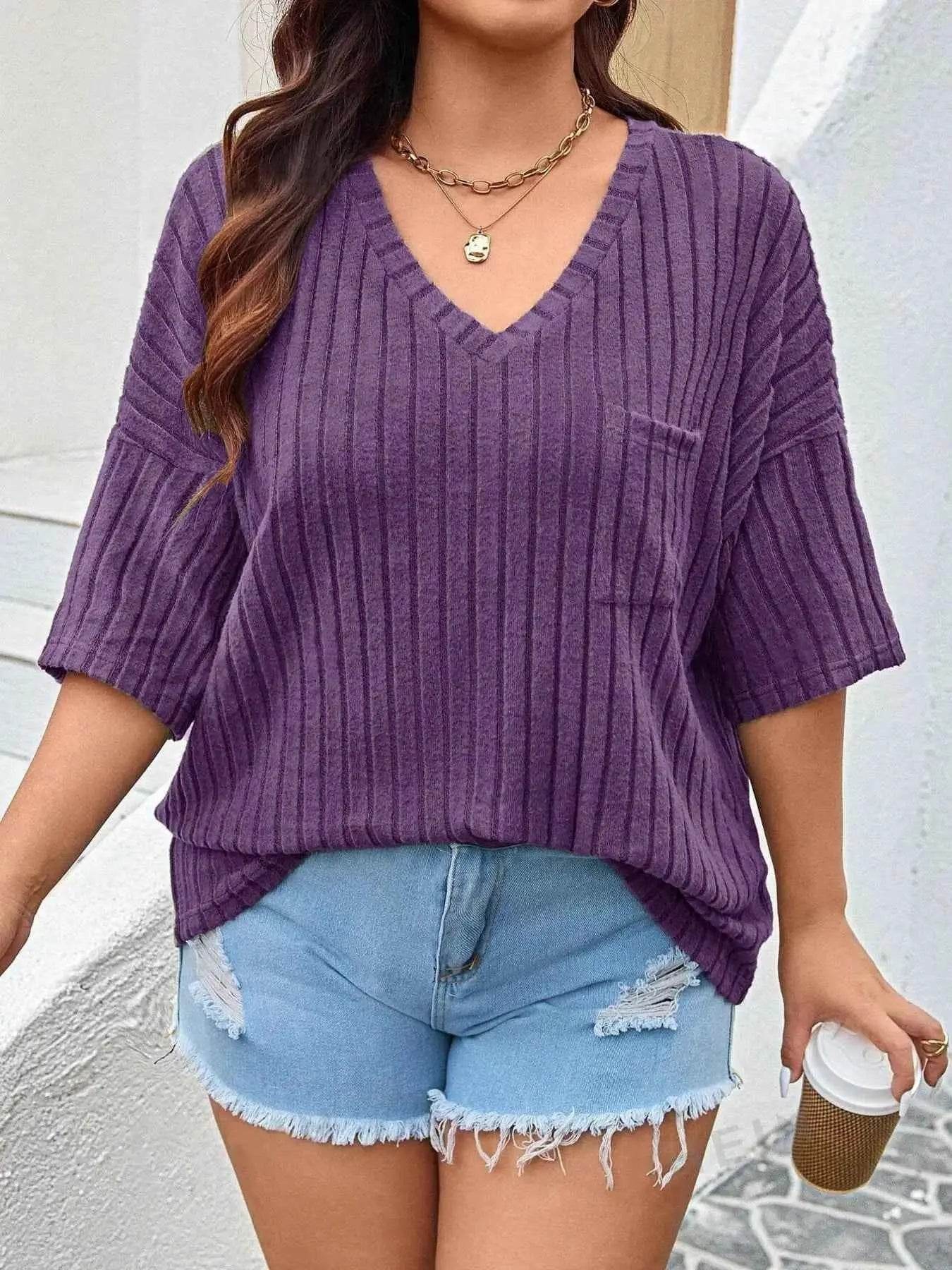 Plus Size V-Neck Ribbed Knit T-Shirt women Attire by Trendsi