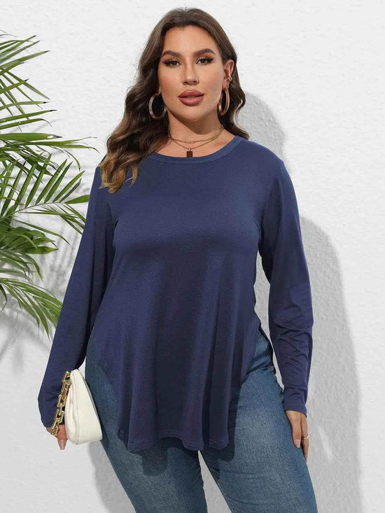 Plus Size Round Neck Long Sleeve Slit T-Shirt women Attire by Trendsi