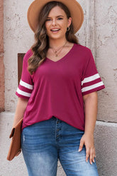 Plus Size Striped V-Neck Tee Shirt women Attire by Trendsi