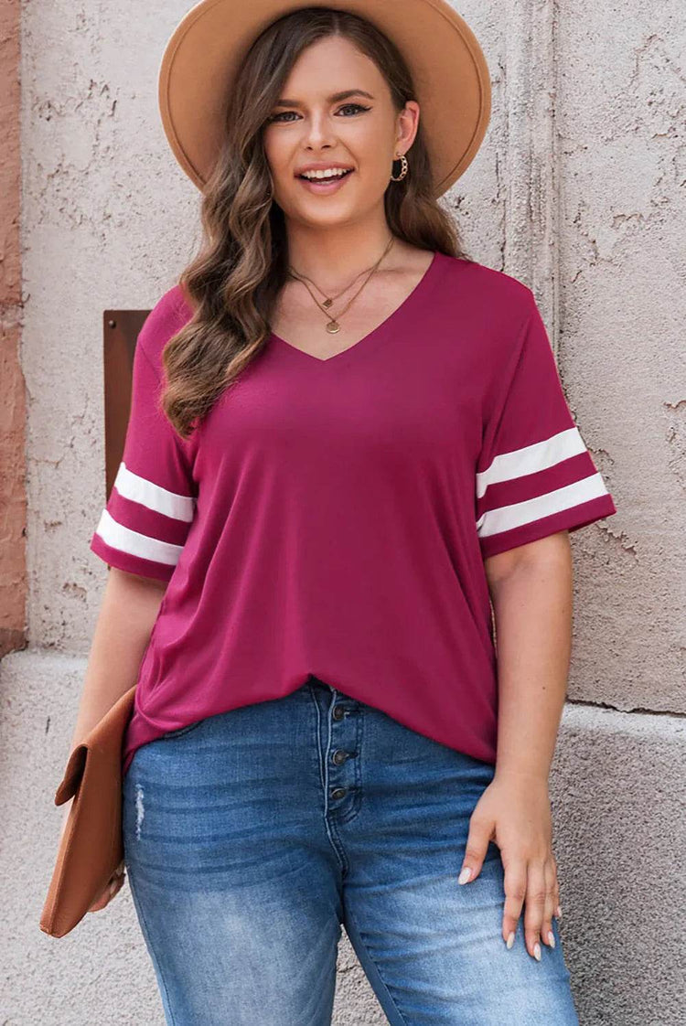 Plus Size Striped V-Neck Tee Shirt women Attire by Trendsi