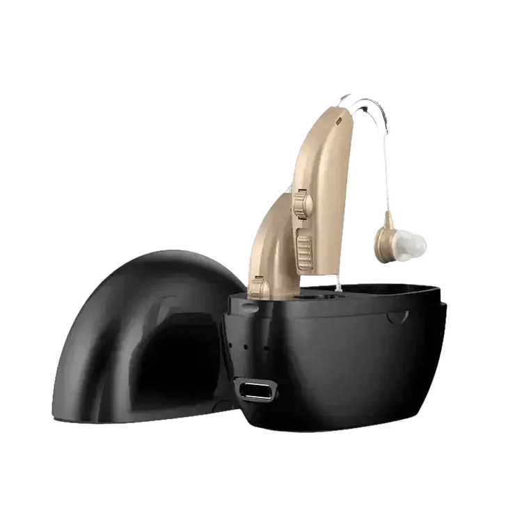 Beige Hearing Aids with Black Charging Case Sound Amplifier Hearing Aids Beige Black Hearing Aids Avoid Whistling Beige Case Hearing Aids by XceeFit Official Store