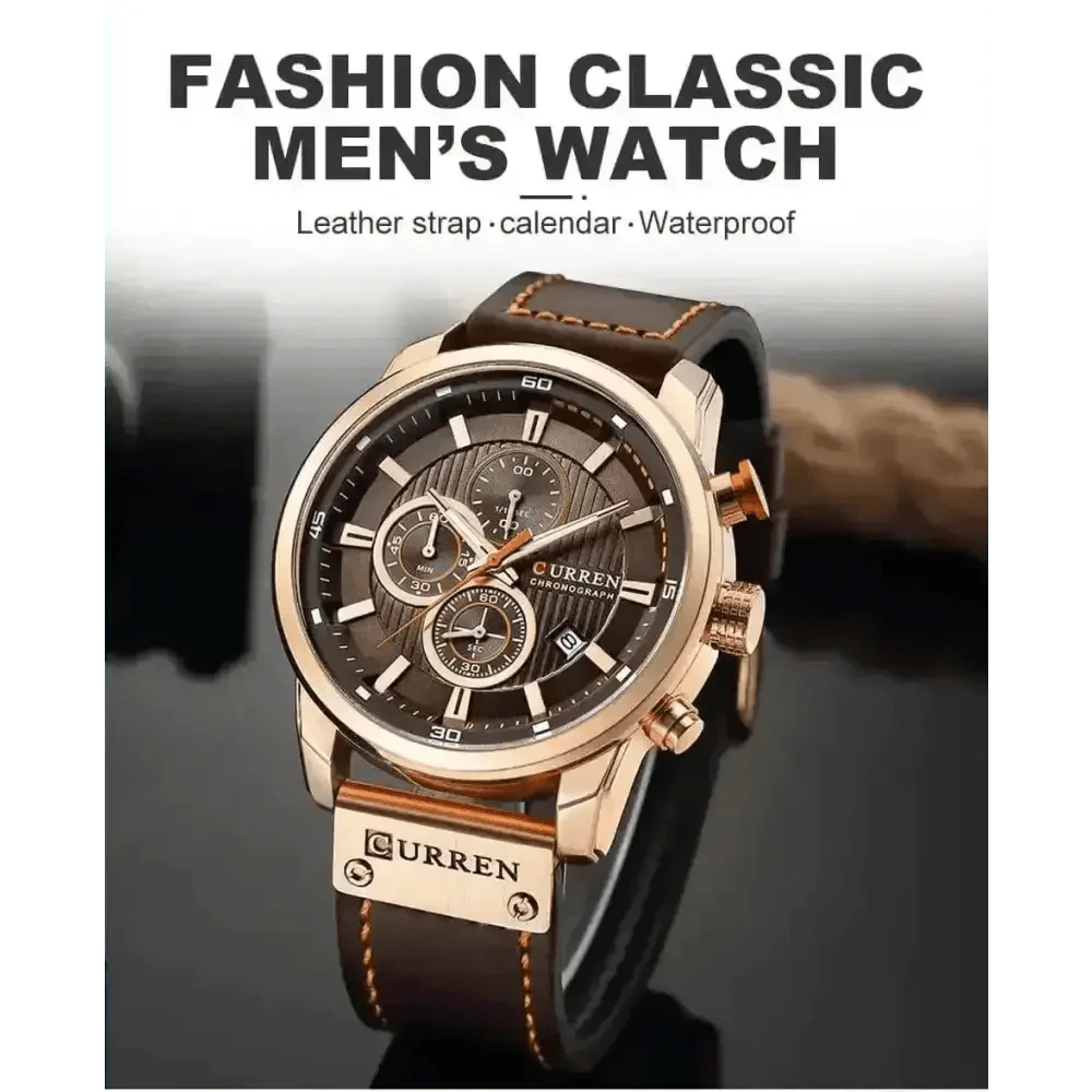 Brown Gold Mens Chronograph Quartz Watch, brown rose gold men&