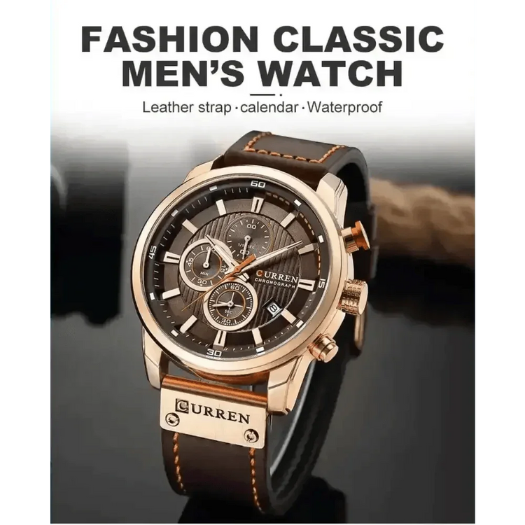Brown Gold Mens Chronograph Quartz Watch, brown rose gold men&
