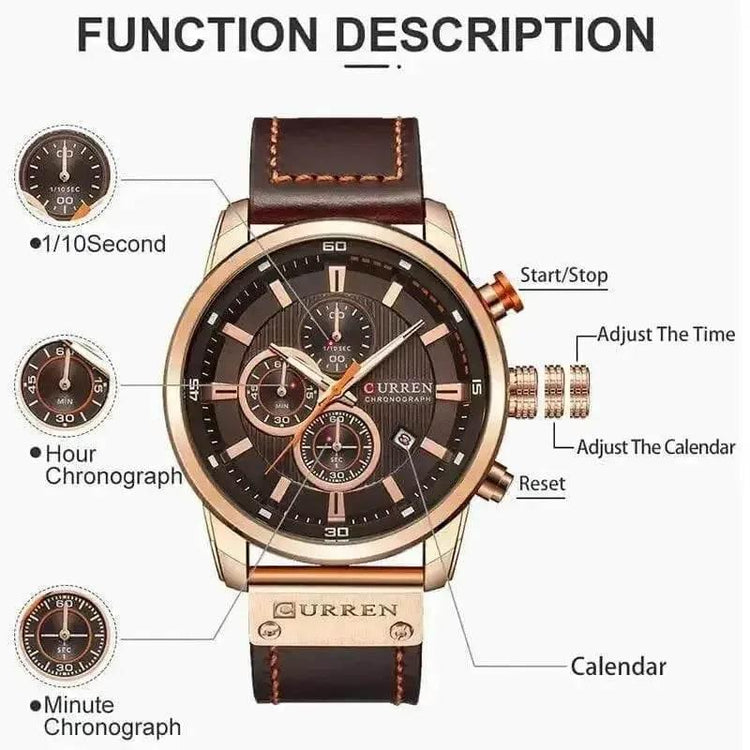 Brown Gold Mens Chronograph Quartz Watch, brown rose gold men&