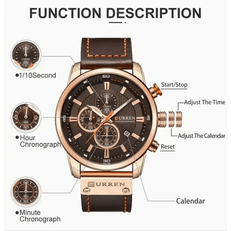 Brown Gold Mens Chronograph Quartz Watch, brown rose gold men&