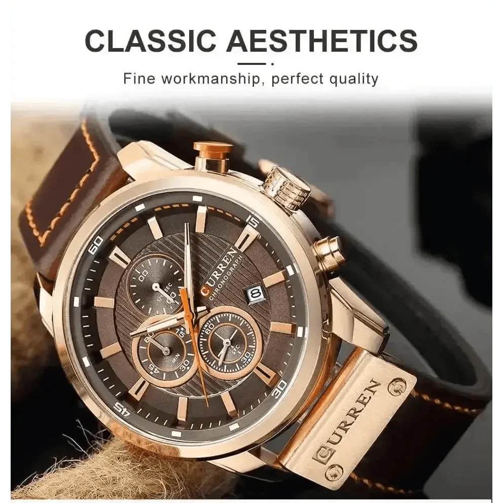 Brown Gold Mens Chronograph Quartz Watch, brown rose gold men&