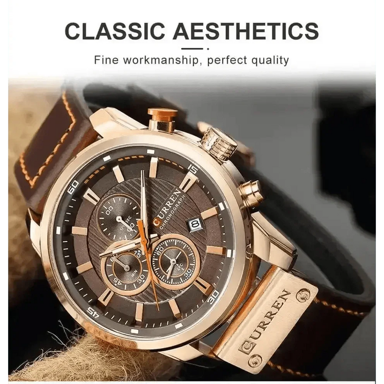 Brown Gold Mens Chronograph Quartz Watch, brown rose gold men&