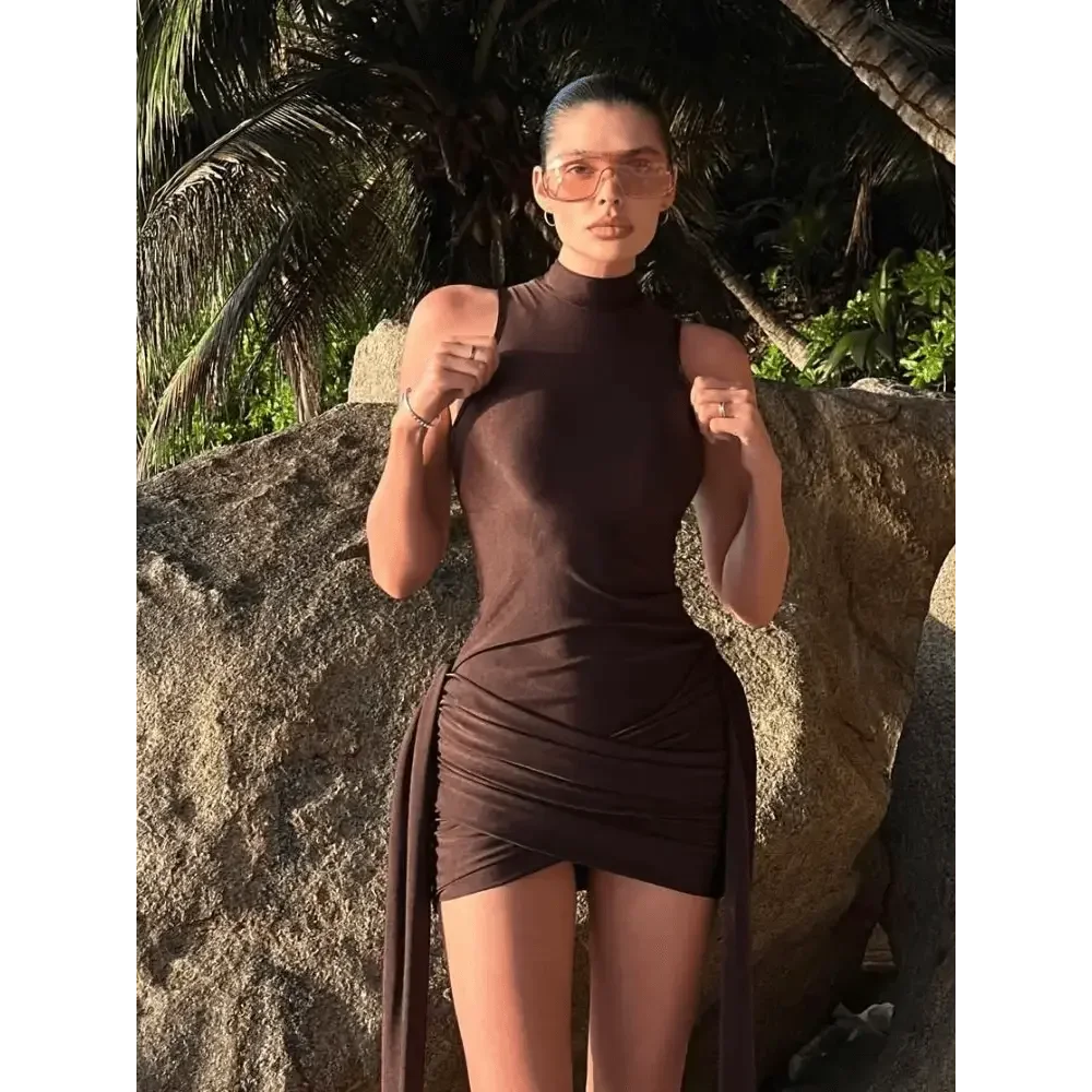 Brown Pleat Women Mini Vestidos Elegant Draped Ruched Turtleneck Sleeveless Slim Fit Dresses Summer Woman Club Party Short Dress women&