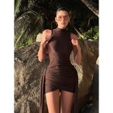 Brown Pleat Women Mini Vestidos Elegant Draped Ruched Turtleneck Sleeveless Slim Fit Dresses Summer Woman Club Party Short Dress women&
