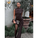 Brown Pleat Women Mini Vestidos Elegant Draped Ruched Turtleneck Sleeveless Slim Fit Dresses Summer Woman Club Party Short Dress women&