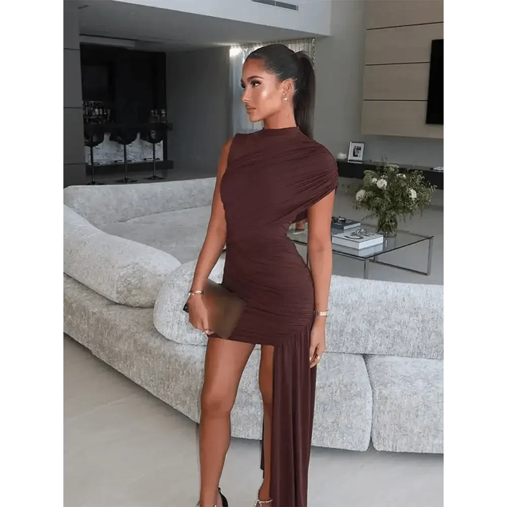 Brown Pleat Women Mini Vestidos Elegant Draped Ruched Turtleneck Sleeveless Slim Fit Dresses Summer Woman Club Party Short Dress women&