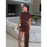 Brown Pleat Women Mini Vestidos Elegant Draped Ruched Turtleneck Sleeveless Slim Fit Dresses Summer Woman Club Party Short Dress women&