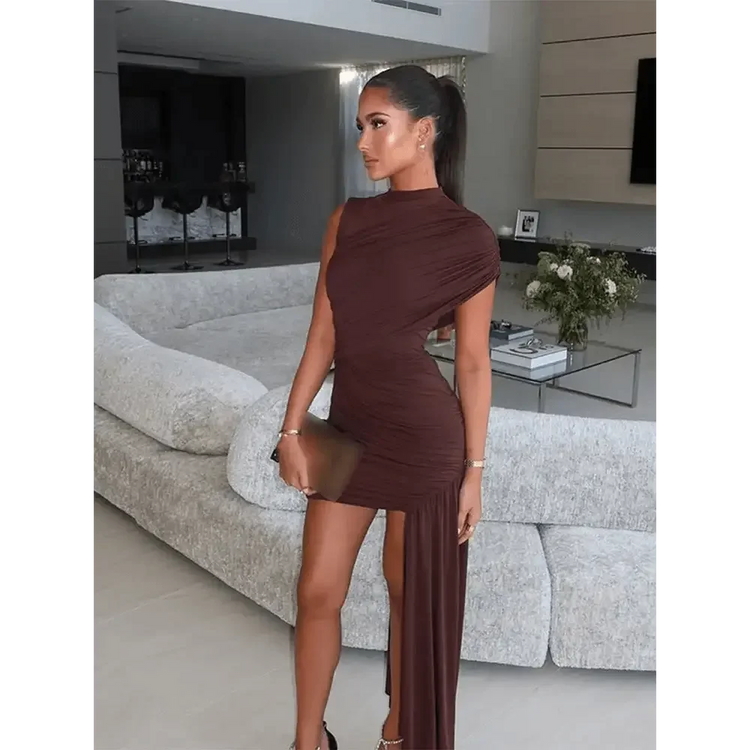 Brown Pleat Women Mini Vestidos Elegant Draped Ruched Turtleneck Sleeveless Slim Fit Dresses Summer Woman Club Party Short Dress women&