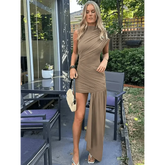 Brown Pleat Women Mini Vestidos Elegant Draped Ruched Turtleneck Sleeveless Slim Fit Dresses Summer Woman Club Party Short Dress women&