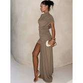 Brown Pleat Women Mini Vestidos Elegant Draped Ruched Turtleneck Sleeveless Slim Fit Dresses Summer Woman Club Party Short Dress women&
