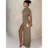 Brown Pleat Women Mini Vestidos Elegant Draped Ruched Turtleneck Sleeveless Slim Fit Dresses Summer Woman Club Party Short Dress women&