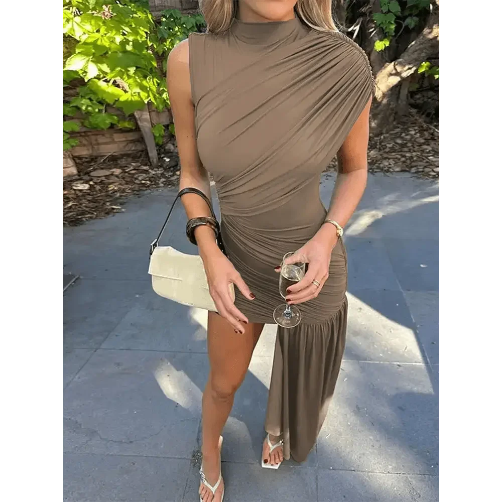 Brown Pleat Women Mini Vestidos Elegant Draped Ruched Turtleneck Sleeveless Slim Fit Dresses Summer Woman Club Party Short Dress women&