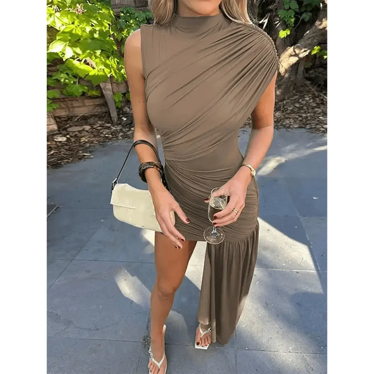 Brown Pleat Women Mini Vestidos Elegant Draped Ruched Turtleneck Sleeveless Slim Fit Dresses Summer Woman Club Party Short Dress women&