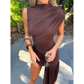 Brown Pleat Women Mini Vestidos Elegant Draped Ruched Turtleneck Sleeveless Slim Fit Dresses Summer Woman Club Party Short Dress women&