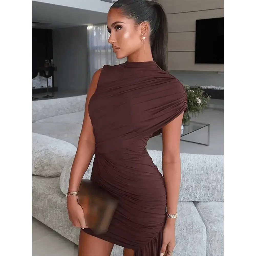 Brown Pleat Women Mini Vestidos Elegant Draped Ruched Turtleneck Sleeveless Slim Fit Dresses Summer Woman Club Party Short Dress women&