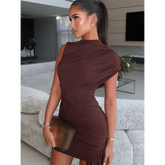 Brown Pleat Women Mini Vestidos Elegant Draped Ruched Turtleneck Sleeveless Slim Fit Dresses Summer Woman Club Party Short Dress women&