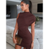 Brown Pleat Women Mini Vestidos Elegant Draped Ruched Turtleneck Sleeveless Slim Fit Dresses Summer Woman Club Party Short Dress women&