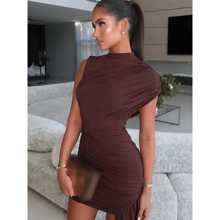 Brown Pleat Women Mini Vestidos Elegant Draped Ruched Turtleneck Sleeveless Slim Fit Dresses Summer Woman Club Party Short Dress women&