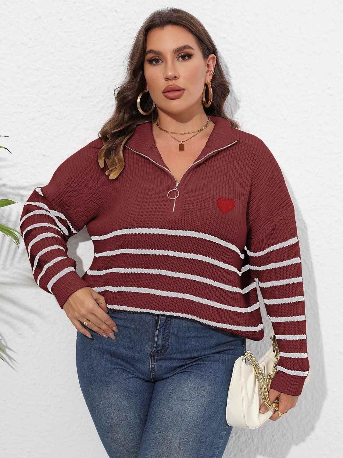 Plus Size Zip-Up Striped Sweater women Attire by Trendsi