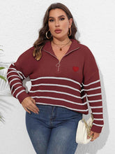 Plus Size Zip-Up Striped Sweater women Attire by Trendsi