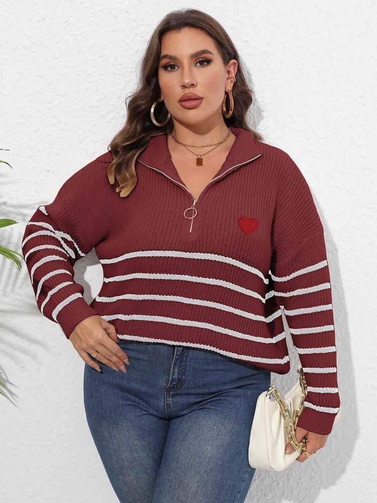 Plus Size Zip-Up Striped Sweater women Attire by Trendsi